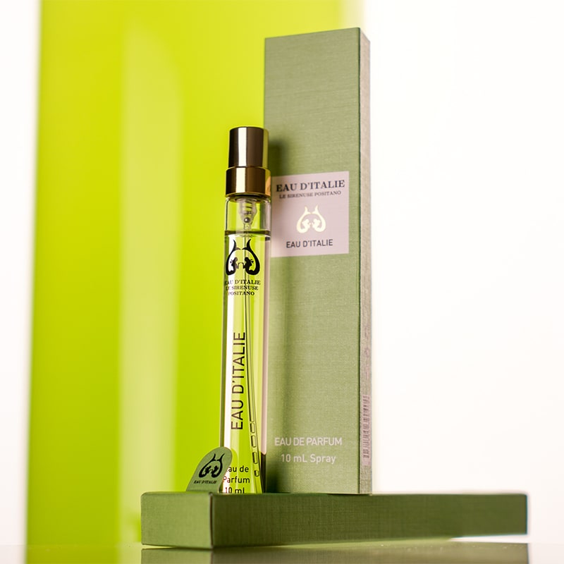 Eau d'Italie Eau de Parfum Travel Spray with box and light green in background