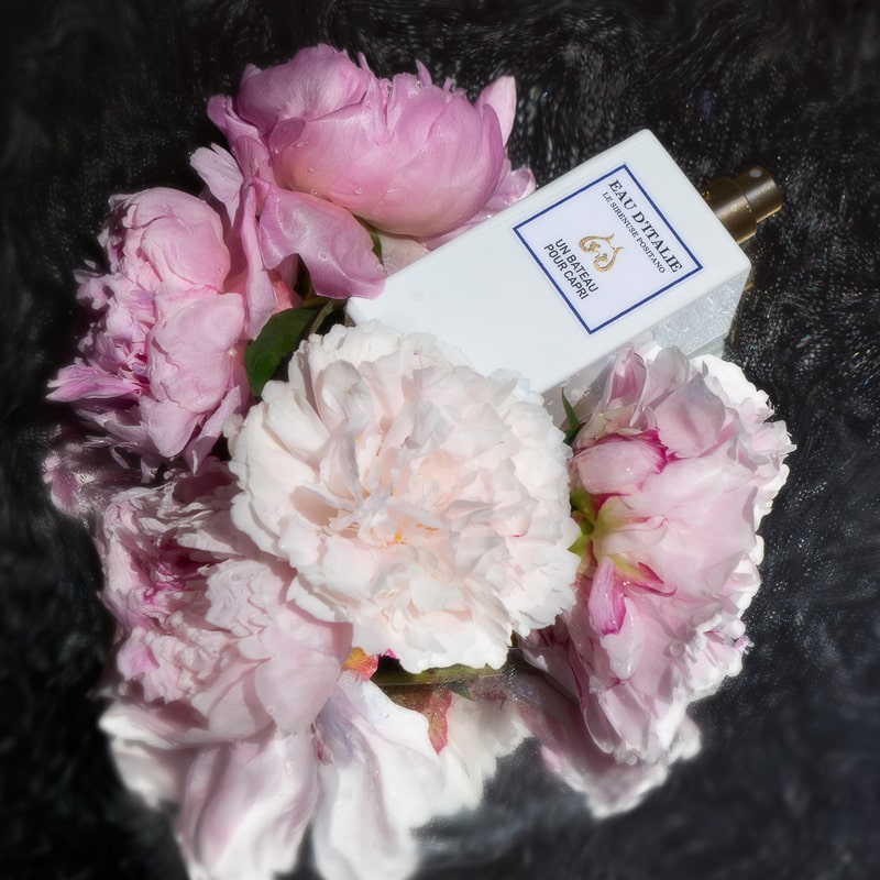 Lifestyle shot top view of Eau d'Italie Un Bateau Pour Capri Eau de Parfum Spray (100 ml) with pink flowers in the background