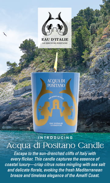 Introducing Eau d'Italie Acqua di Positano Candle. Escape to the sun-drenched cliffs of Italy with every flicker. This candle captures the essence of coastal luxury—crisp citrus notes mingling with sea salt and delicate florals, evoking the fresh Mediterranean breeze and timeless elegance of the Amalfi Coast.