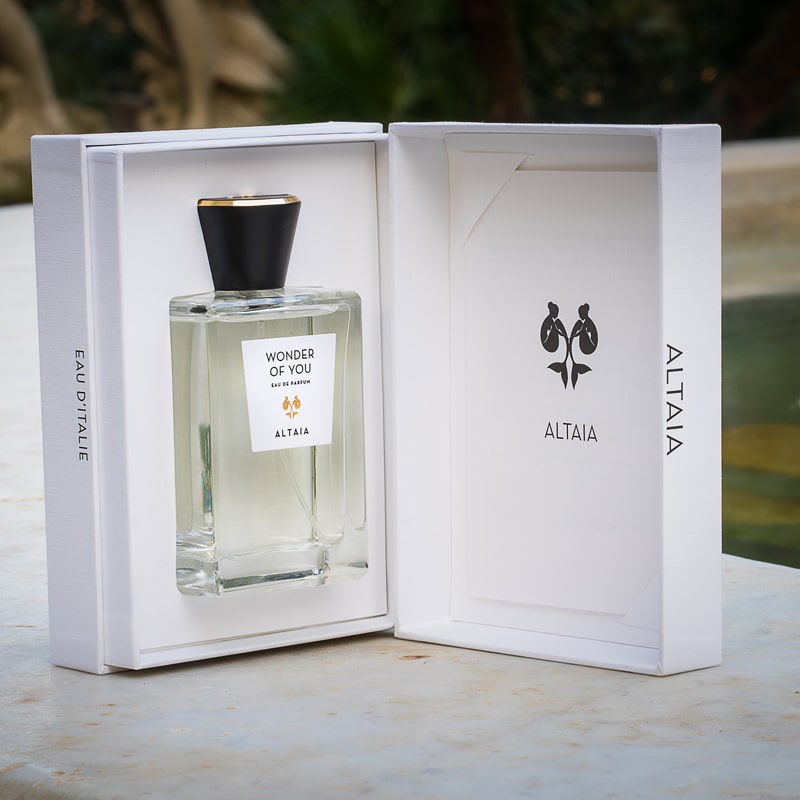 Lifestyle shot of ALTAIA Wonder of You Eau de Parfum (100 ml) in opened box facing forward