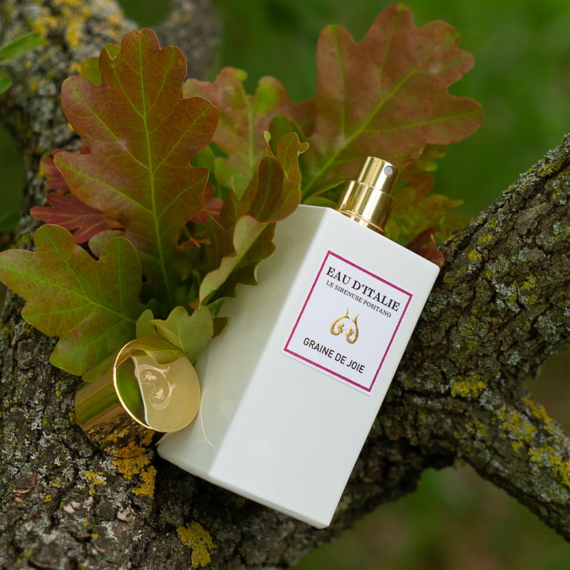 Lifestyle shot of Eau d&#39;Italie Graine de Joie Eau de Parfum Spray (100 ml) with top off and nestled in tree with leaves in the background