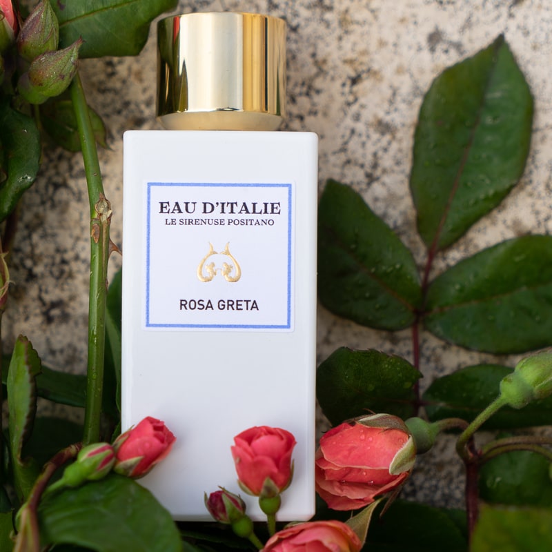 Lifestyle shot of Eau d&#39;Italie Rosa Greta Eau de Parfum Spray bottle (100 ml) with pink rose buds and leaves in the background
