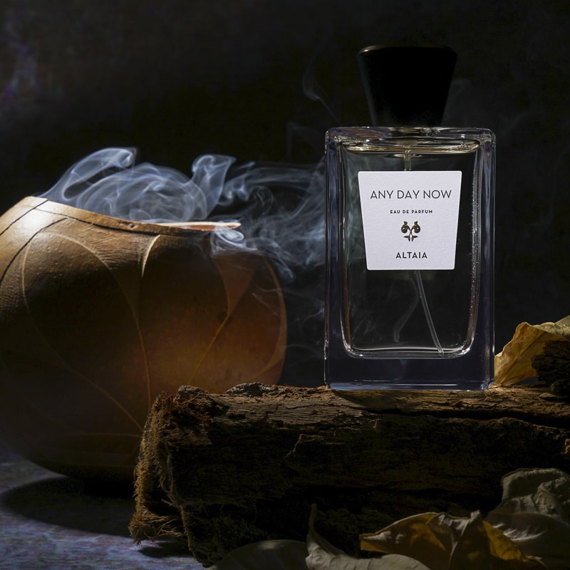 ALTAIA Any Day Now Eau de Parfum - Beauty shot product on top of log with incense bowl in background